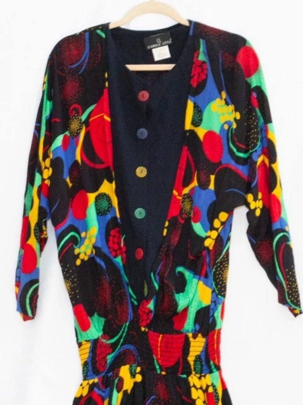 Vgt Carole Little 80s Smoked Drop Waist Maxi Dress Retro Bold Prints Colorful 10 - Picture 2 of 8